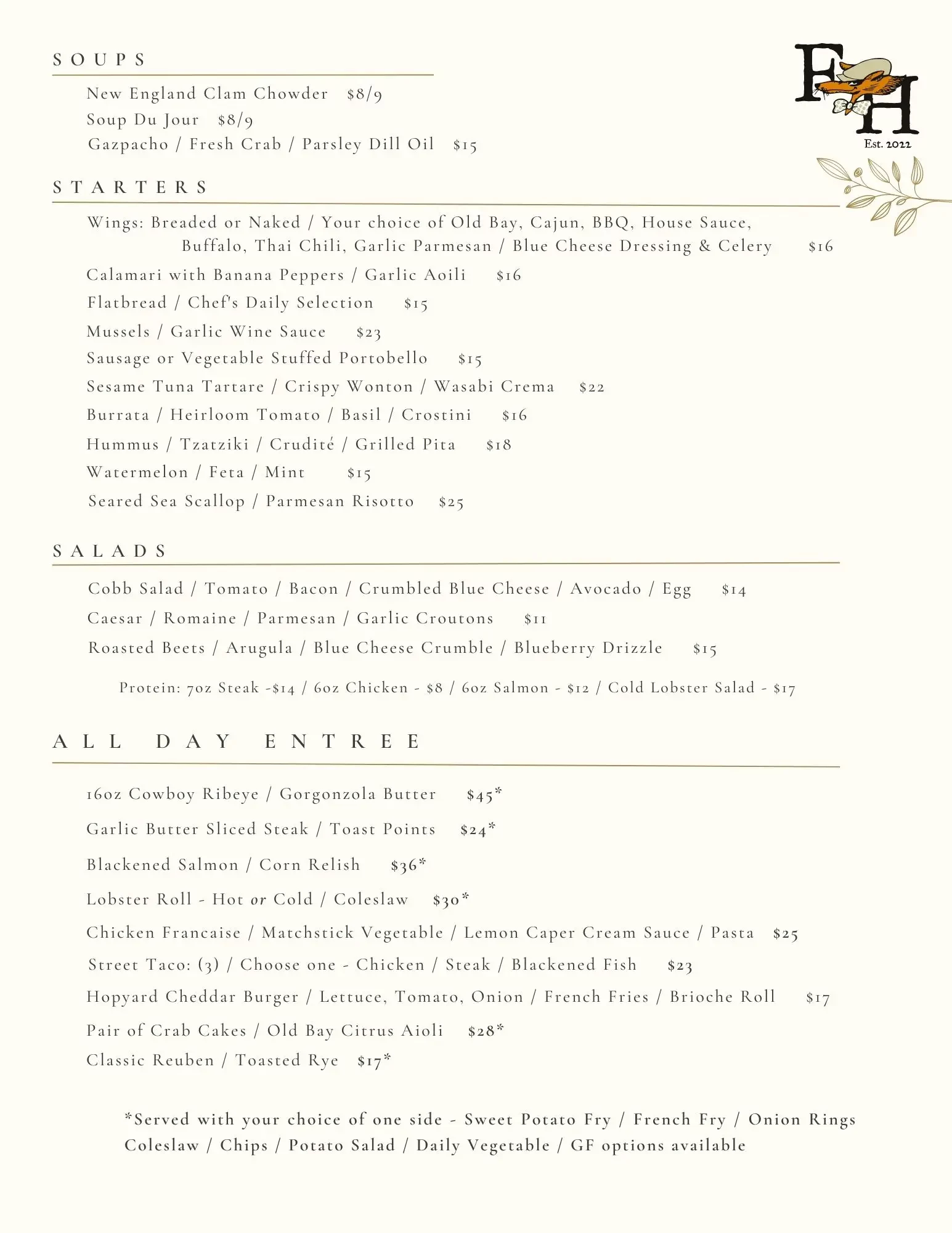Fox Hopyard – On the Rocks: All Day Menu On The Rocks All Day Menu